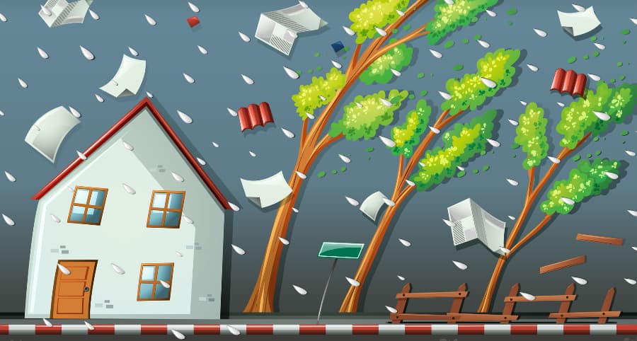Representation of a storm striking a residence and the immediate surroundings